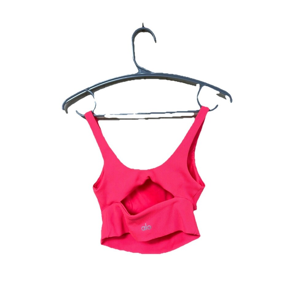 Alo Ribbed Slit Bra Fluorescent Pink Coral Small - Picture 4 of 6
